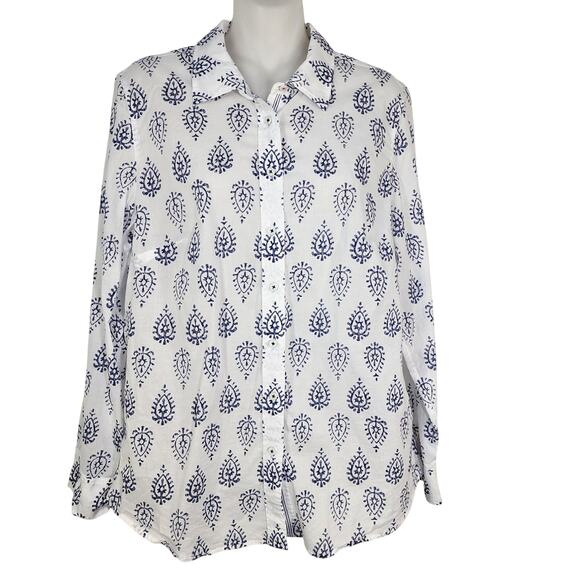 Talbots Tunic Shirt Womens Medium Cotton White Blue Long Sleeve Button Printed - Picture 1 of 9